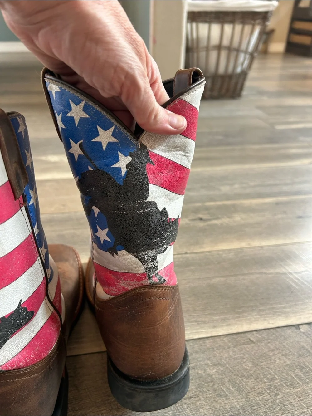 Dan Post Brown Boots with Red, White & Blue Flag design and bull rider